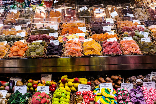 Market stall full of candys in La Boqueria Market.Barcelona