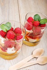 Fresh raspberry dessert with biscuit