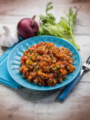 pasta with vegetables ragout, selective focus
