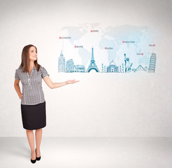 Business woman presenting map with famous cities and landmarks