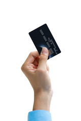 Closeup of hand holding credit card isolated over white backgrou
