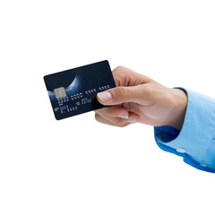 Closeup of hand holding credit card over white background, ready