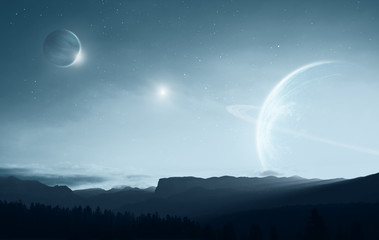 Distant alien world - earth like planet with multiple moons © pixel