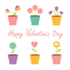 Set of flowers in pots. Happy Valentines Day card.