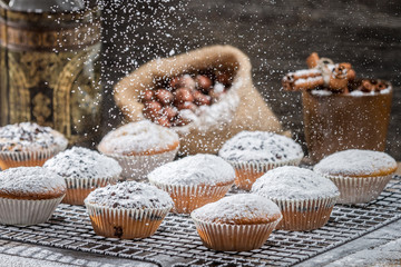 Vanilla muffins decorated with icing sugar
