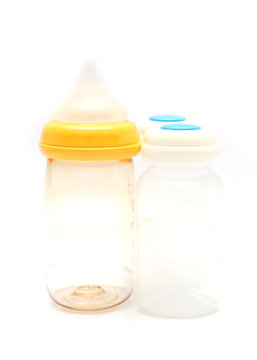 close-up baby milk bottle isolated on white background