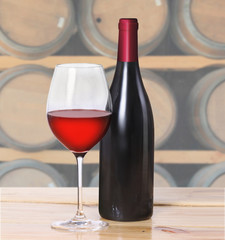 Red wine bottle, one glass