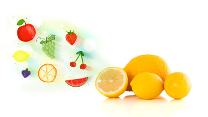 Colorful fruits with hand drawn illustrated fruits