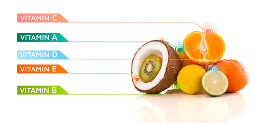 Fototapeta na wymiar Healthy fruits with colorful vitamin symbols and icons