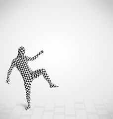 Funny guy in morphsuit body suit looking at copy space