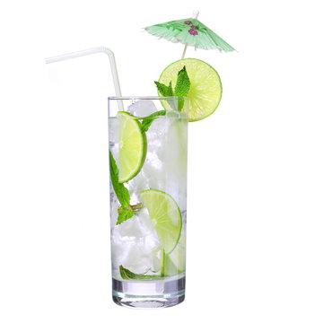 Mojito. Cocktail with straw and umbrella on the top, isolation