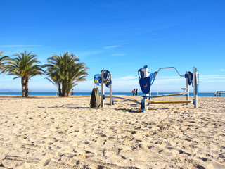 mediterranean beach with gym equipment