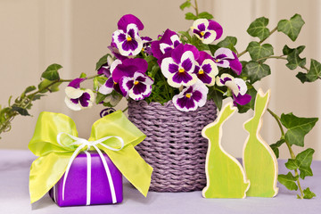 Geschenk mit Osterhasen und Stiefmütterchen