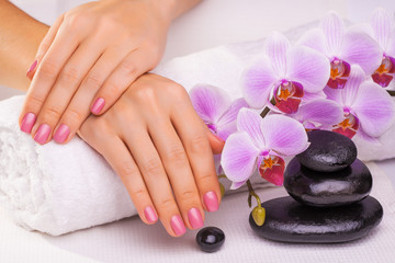 beautiful manicure with pink orchid on the white