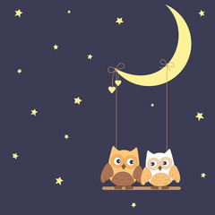 Obraz premium Cute owls on the moon swings