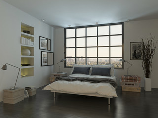 Naklejka na ściany i meble Bedroom interior with king-size bed against huge window