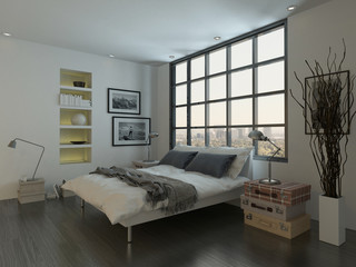 Bedroom interior with king-size bed against huge window