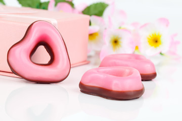 pink heart cookies  for valentines day, on white background