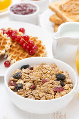 muesli waffles with berries, jams, milk for breakfast