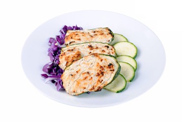 stuffed zucchini with tuna and cheese on white