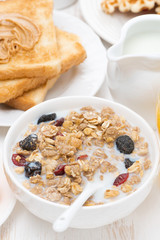 muesli with milk, toast with peanut butter for breakfast