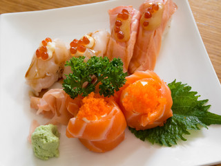 Sushi rolls and grilled