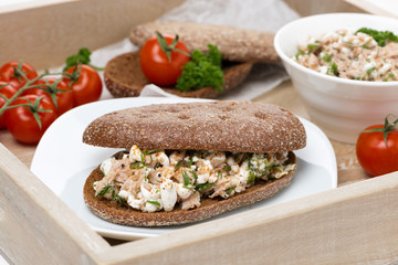 sandwich of rye bread with tuna and homemade cheese