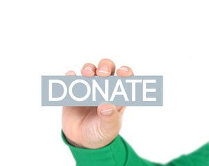 woman holding a label with donate