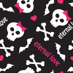 seamless pattern with skulls, bones and hearts