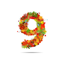 Number from autumn colorful leaves 9