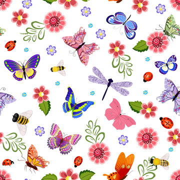 Cute seamless texture with flying insects