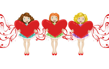 girls with hearts, valentines and ribbons