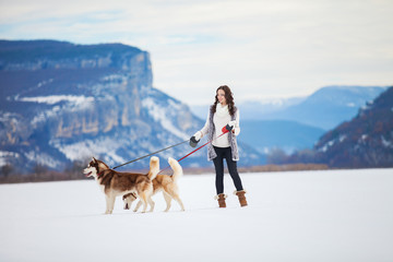 young girl playing with siberian husky dogs in winter park