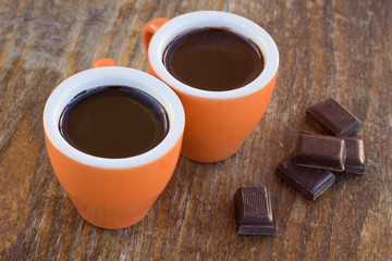 Two cups of chocolate  on a wooden table