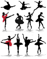 Silhouettes and shadows of ballerinas, vector