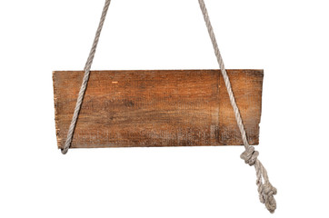 altes Holzschild hängt Strick Seil