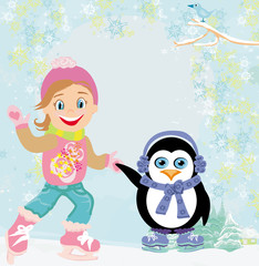 girl and penguin ice skating