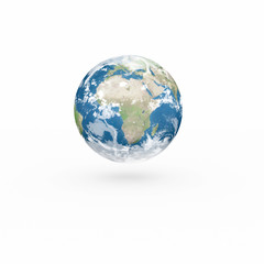 3D Earth model on white background with shadow.