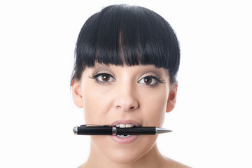 Young Woman Holding a Pen in her Mouth