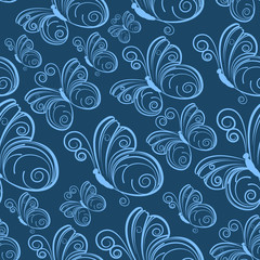 Fototapeta na wymiar White linear butterflys on blue background.