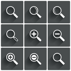 Zoom icons. Search symbols. Magnifier Glass signs.