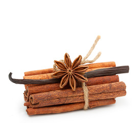 Spices: vanilla, star anise, cinnamon sticks isolated on white