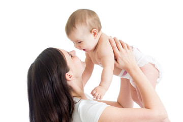 Portrait of loving mother and her child on white background