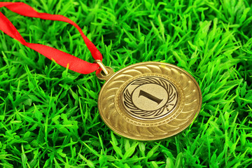 Gold medal on grass background