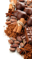 Composition of chocolate sweets, cocoa and spices, isolated
