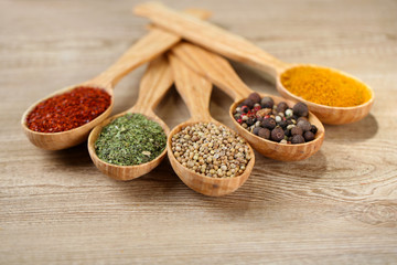 Assortment of spices in wooden spoons on wooden background