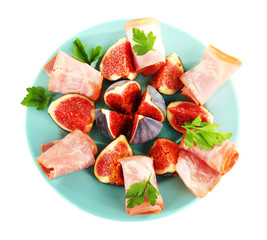 Tasty figs with ham, isolated on white