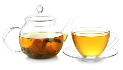 Cup and teapot of green tea isolated on white