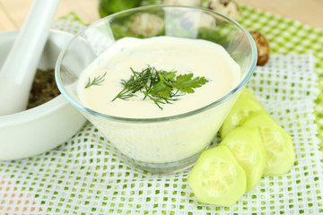 Cucumber yogurt in glass bowl,