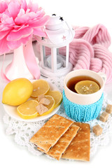 Cup of tea with lemon close up
